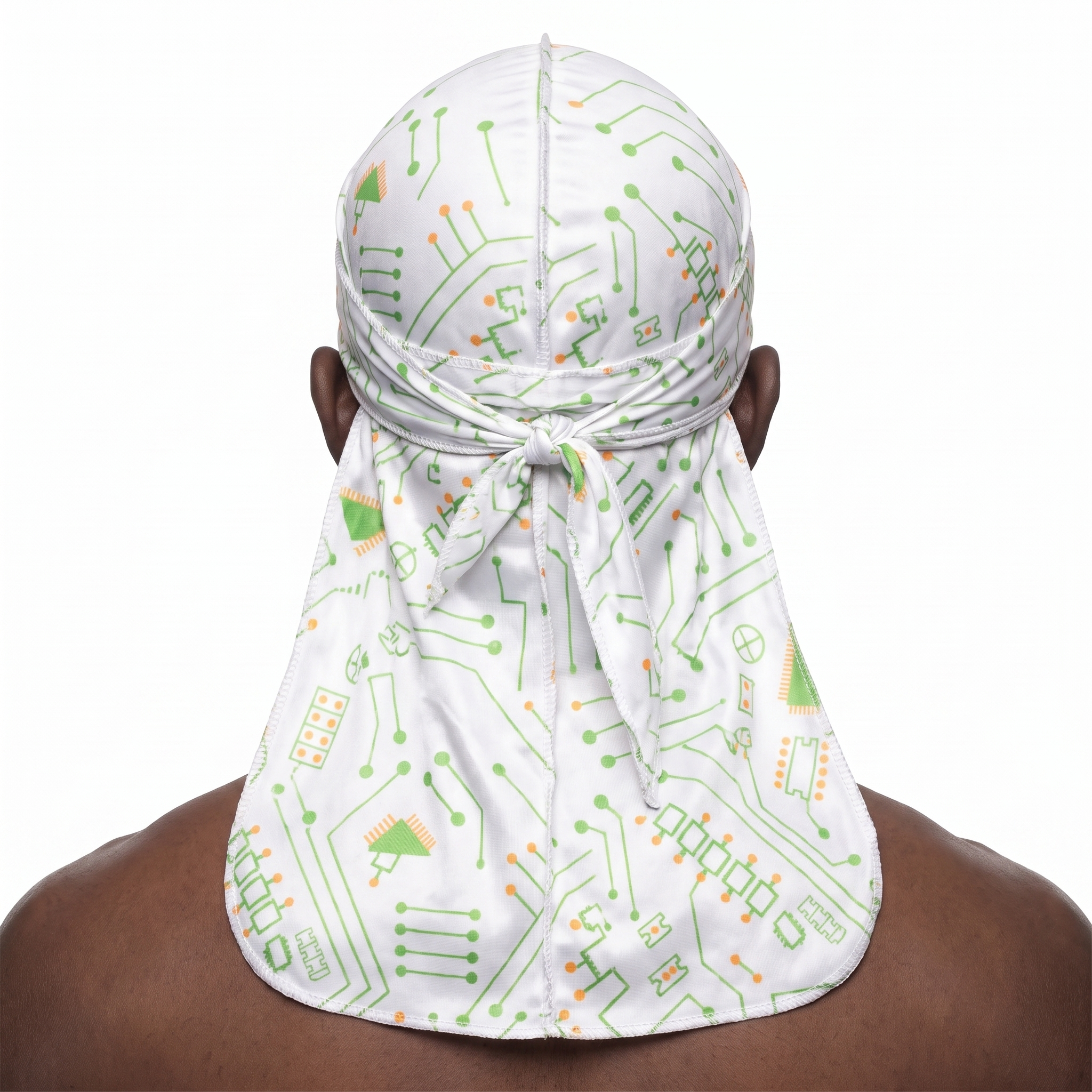 Digital White pixel camo Satin Silky Durag worn by male model, back view showing tied wrap and tail