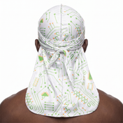 Digital White pixel camo Satin Silky Durag worn by male model, back view showing tied wrap and tail