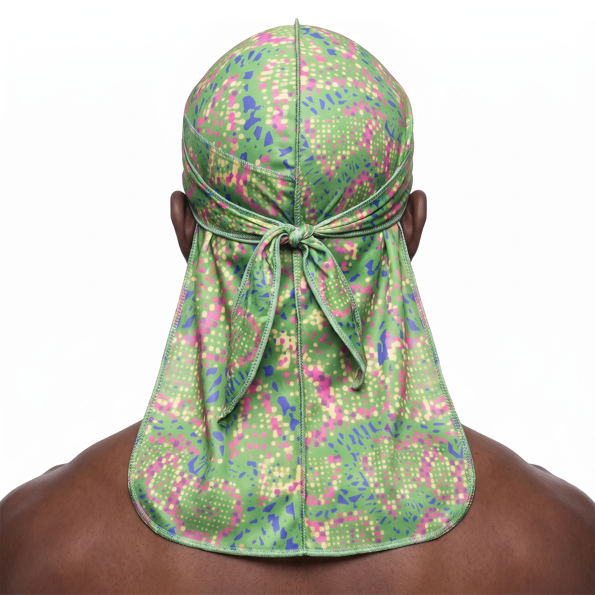 Digital Chameleon Lime pixel camo Satin Silky Durag worn by male model, back view showing tied wrap and tail