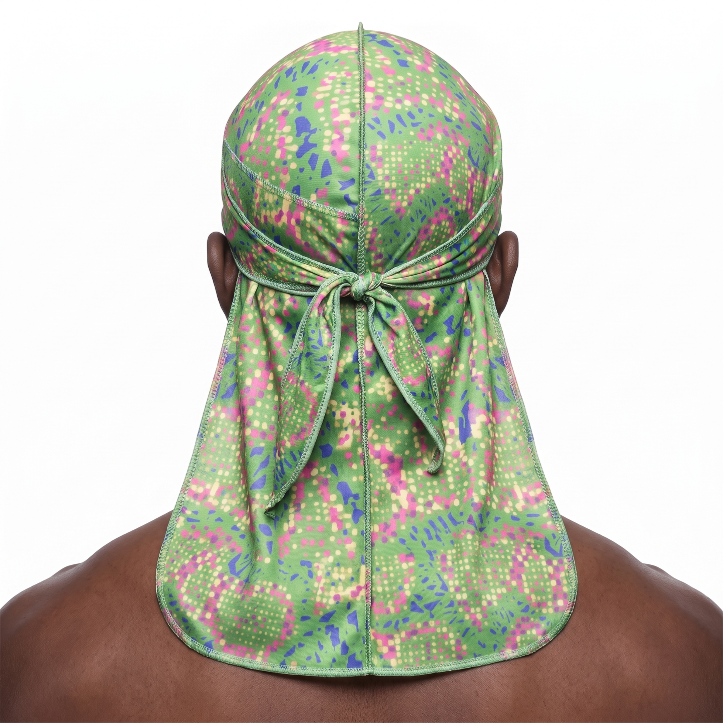 Digital Chameleon Lime pixel camo Satin Silky Durag worn by male model, back view showing tied wrap and tail