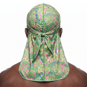 Digital Chameleon Lime pixel camo Satin Silky Durag worn by male model, back view showing tied wrap and tail