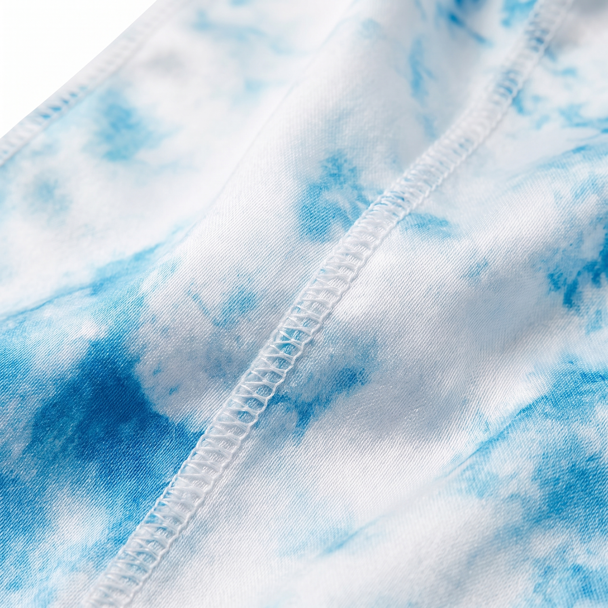 Blue Tye Dye Satin Silky Durag fabric close-up showing Blue Tye Dye print and stitching detail