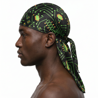 Digital Black pixel Satin Silky Durag worn by male model, side profile showing fit and tail drape