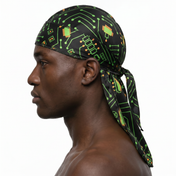 Digital Black pixel Satin Silky Durag worn by male model, side profile showing fit and tail drape