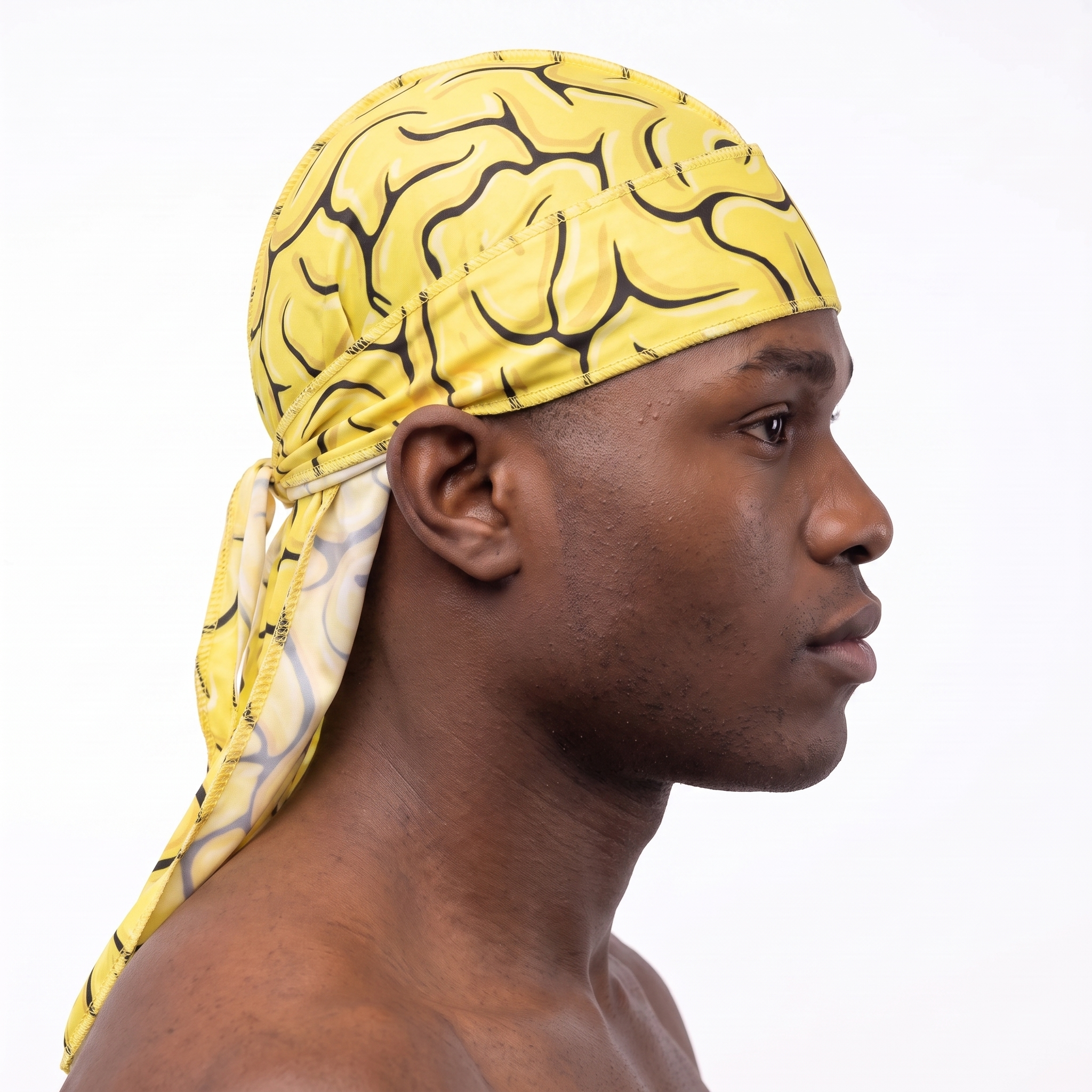 Yellow Brains graphic Satin Silky Durag worn by male model, side profile showing fit and tail drape
