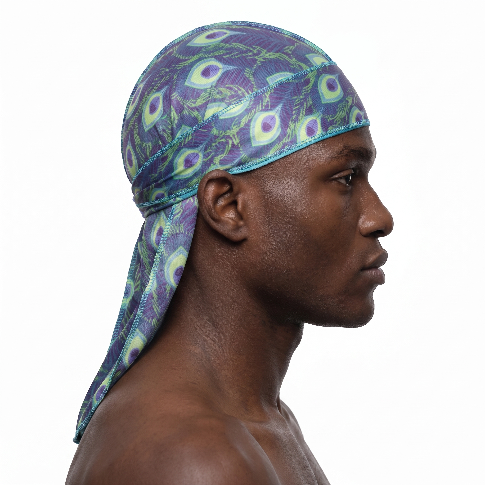 Peacock Shade feather Satin Silky Durag worn by male model, side profile showing fit and tail drape