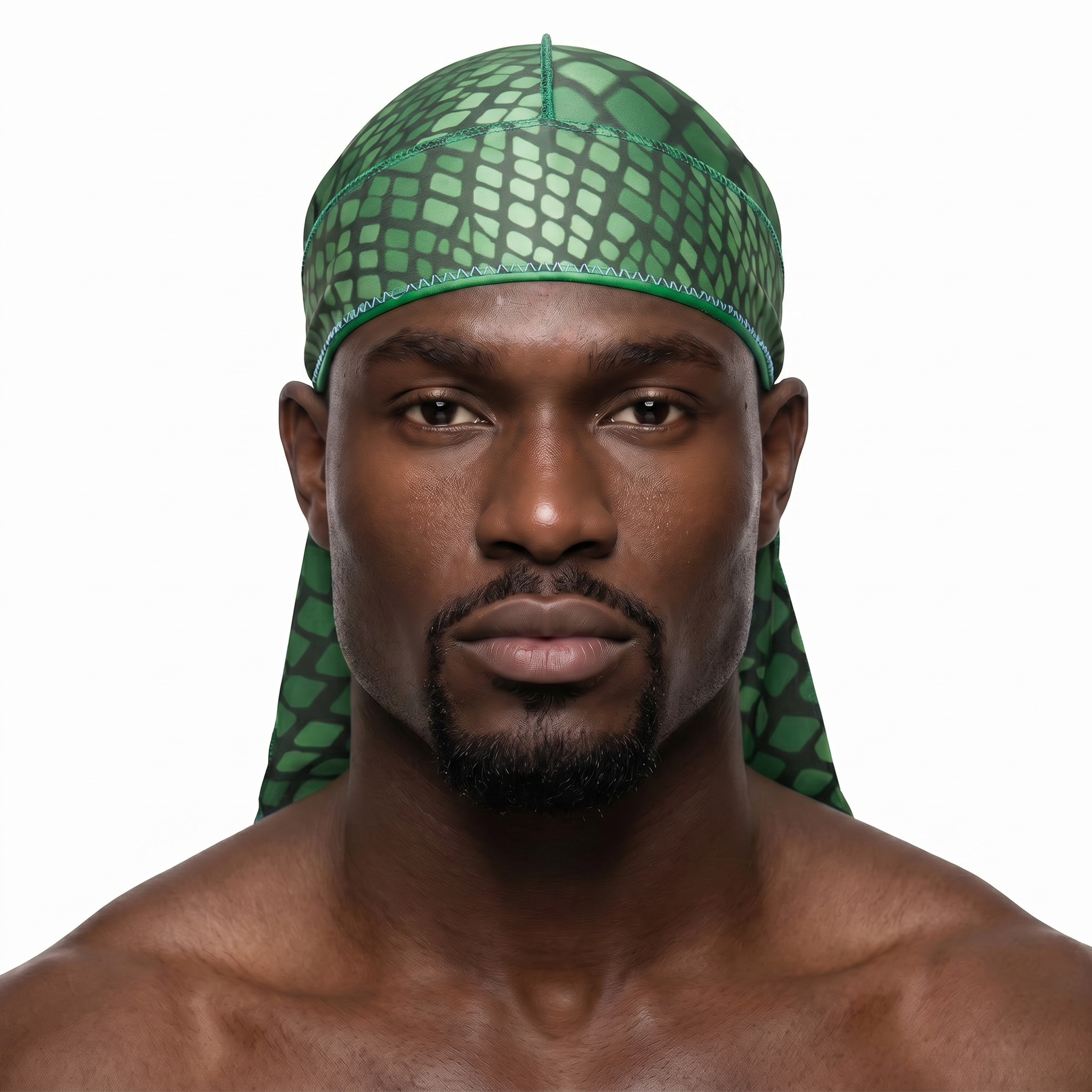 Green reptile snakeskin Satin Silky Durag worn by male model, front view on white background