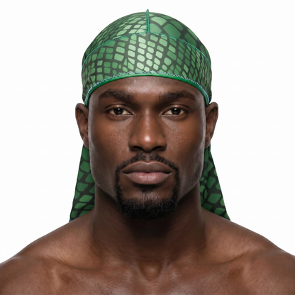 Green reptile snakeskin Satin Silky Durag worn by male model, front view on white background