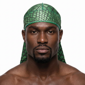 Green reptile snakeskin Satin Silky Durag worn by male model, front view on white background