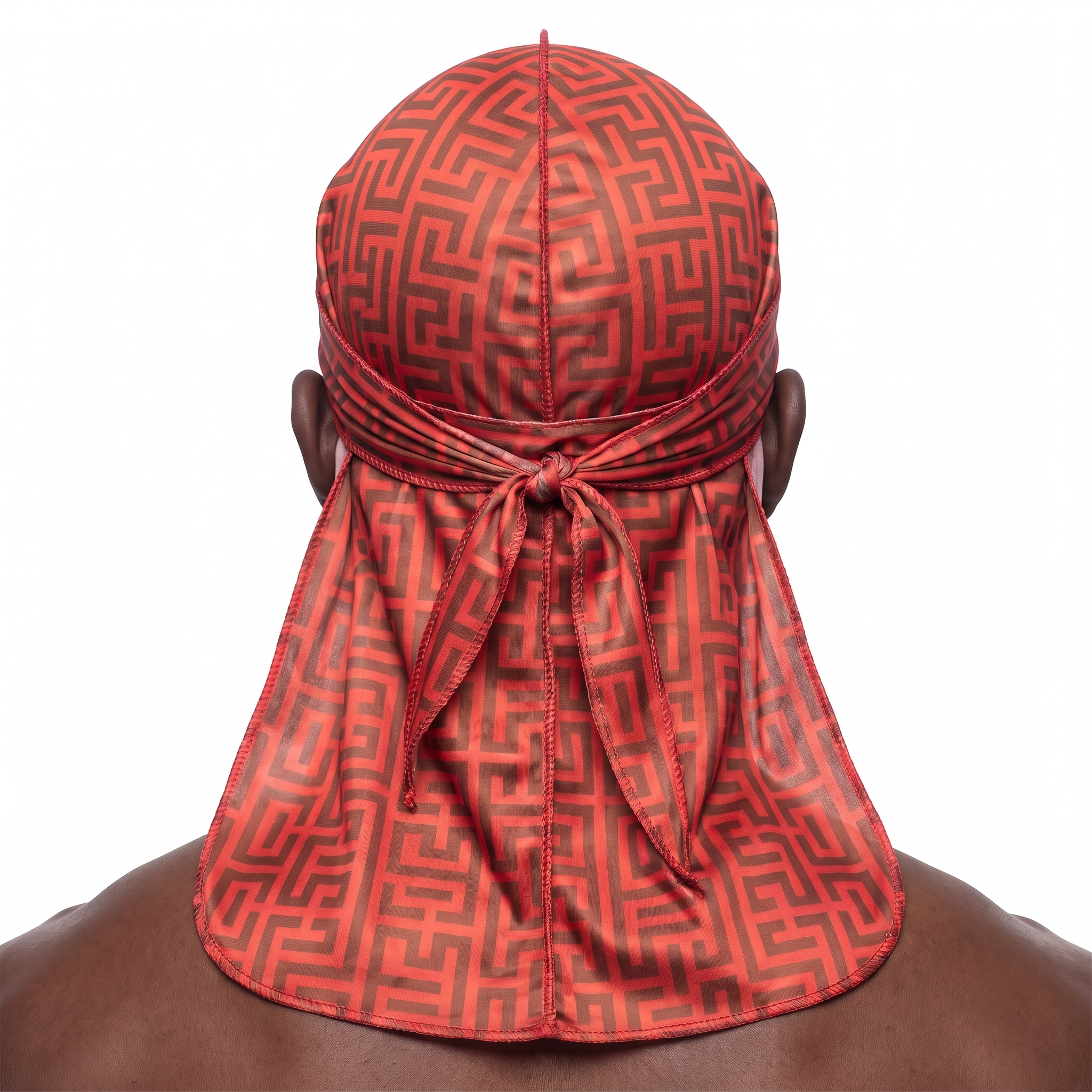 Red and Brown Maze geometric Satin Silky Durag worn by male model, back view showing tied wrap and tail