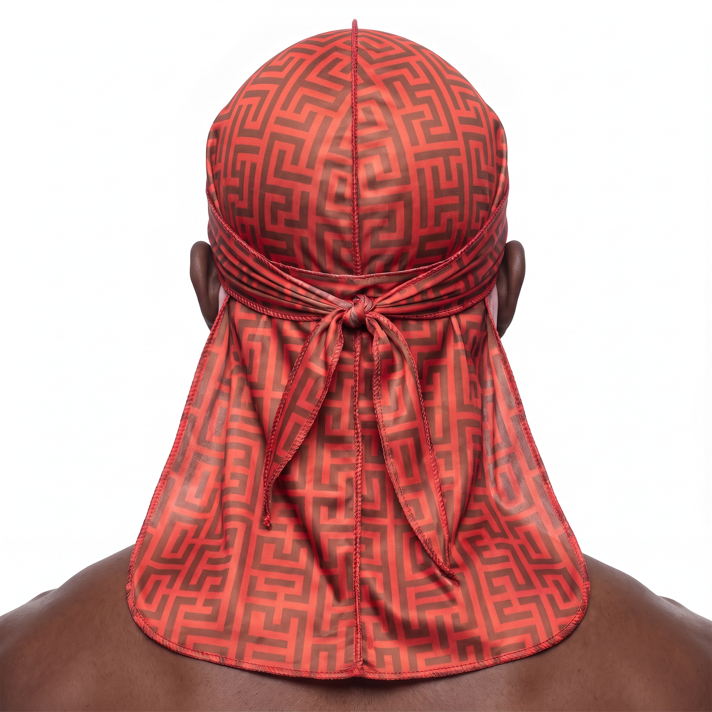 Red and Brown Maze geometric Satin Silky Durag worn by male model, back view showing tied wrap and tail