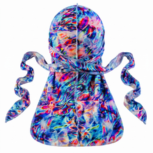 Elite Pattern Blue Genie Durag - premium durag back view showing wrap straps, tail and stitching