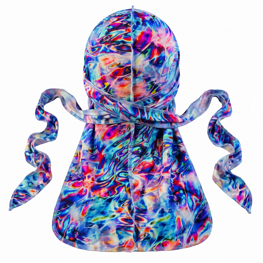 Elite Pattern Blue Genie Durag - premium durag back view showing wrap straps, tail and stitching