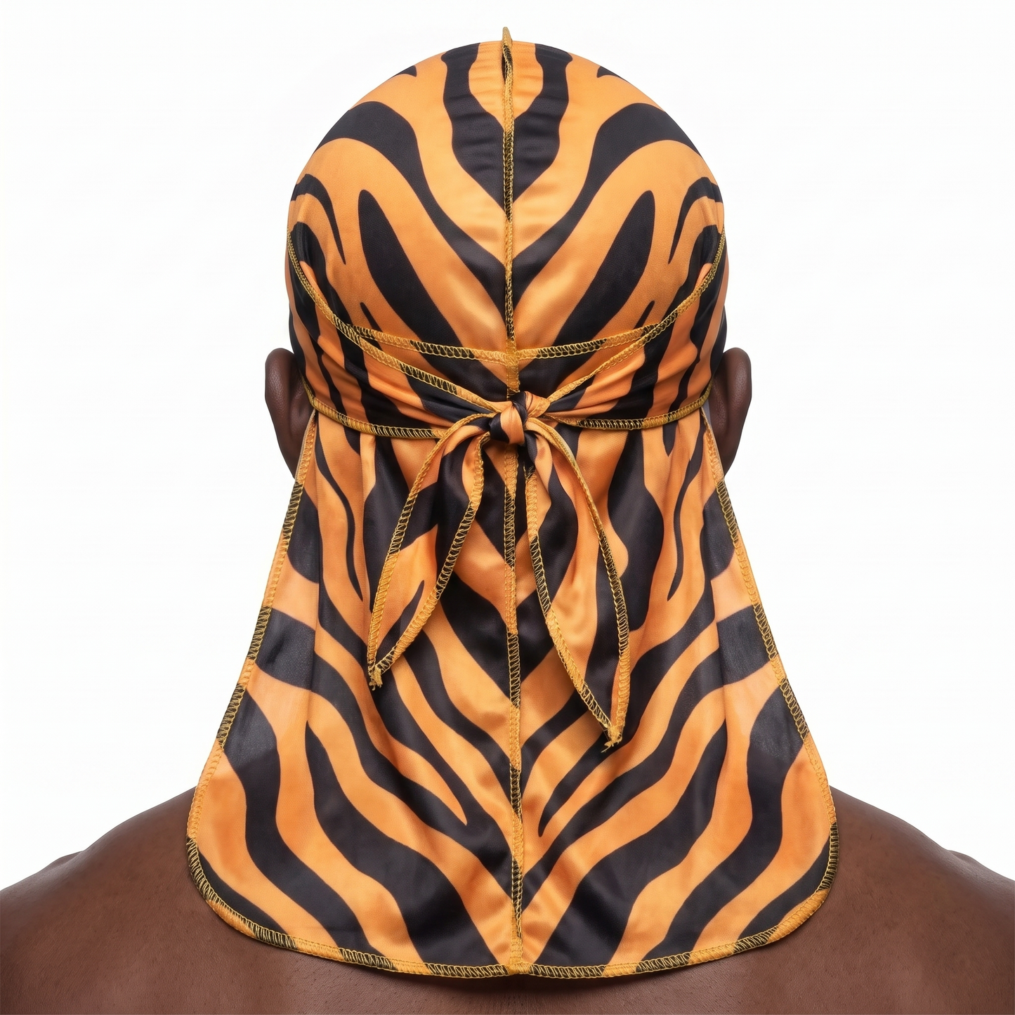 Tiger stripe animal print Satin Silky Durag worn by male model, back view showing tied wrap and tail