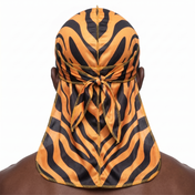 Tiger stripe animal print Satin Silky Durag worn by male model, back view showing tied wrap and tail