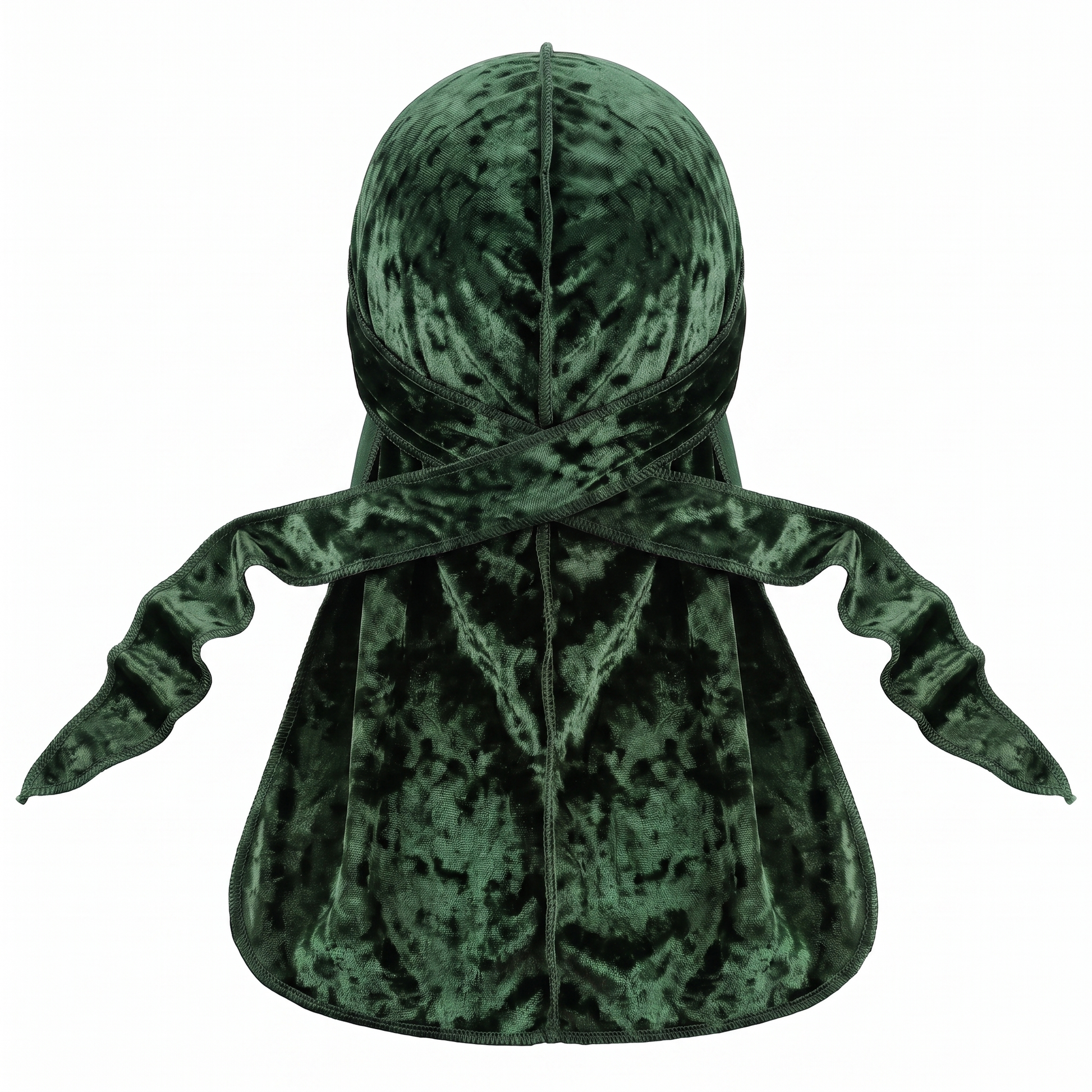 Premium Crushed Velvet Forest Green Durag - premium crushed velvet durag back view showing wrap straps, tail and stitching