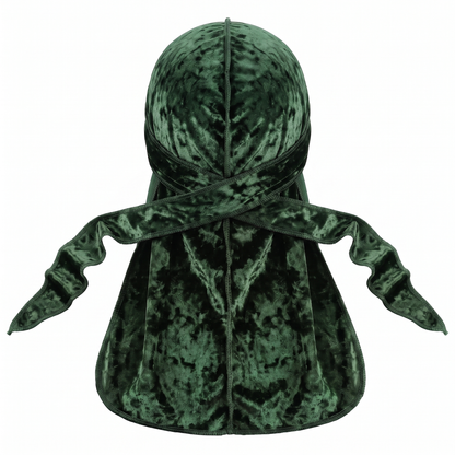 Premium Crushed Velvet Forest Green Durag - premium crushed velvet durag back view showing wrap straps, tail and stitching