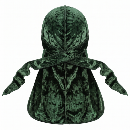 Premium Crushed Velvet Forest Green Durag - premium crushed velvet durag back view showing wrap straps, tail and stitching
