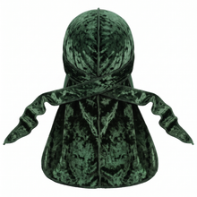 Premium Crushed Velvet Forest Green Durag - premium crushed velvet durag back view showing wrap straps, tail and stitching