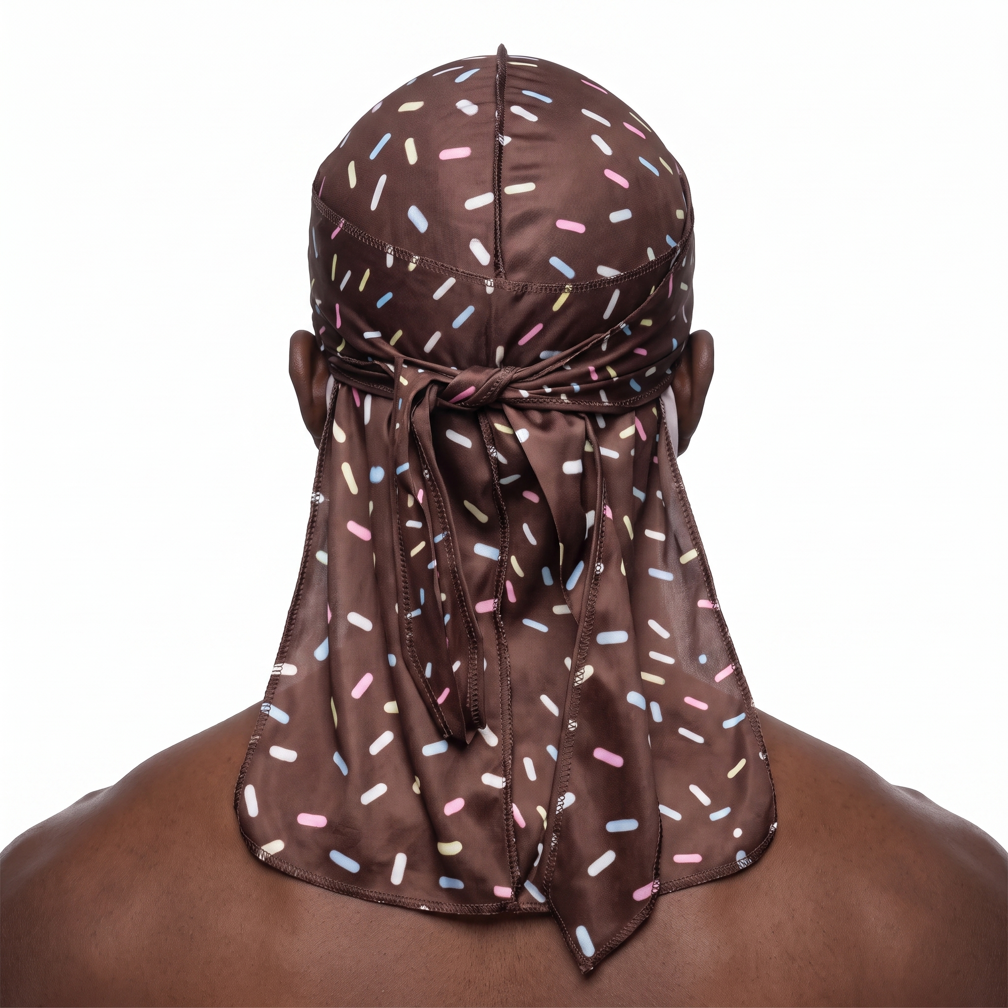 Dark brown ice cream sprinkle Satin Silky Durag worn by male model, back view showing tied wrap and tail