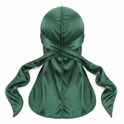 Premium Silk Durag Forest Green - premium heavy silky durag back view showing wrap straps, tail and stitching