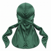 Premium Silk Durag Forest Green - premium heavy silky durag back view showing wrap straps, tail and stitching