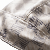 Checkered Cream Satin Silky Durag fabric close-up showing Checkered Cream print and stitching detail