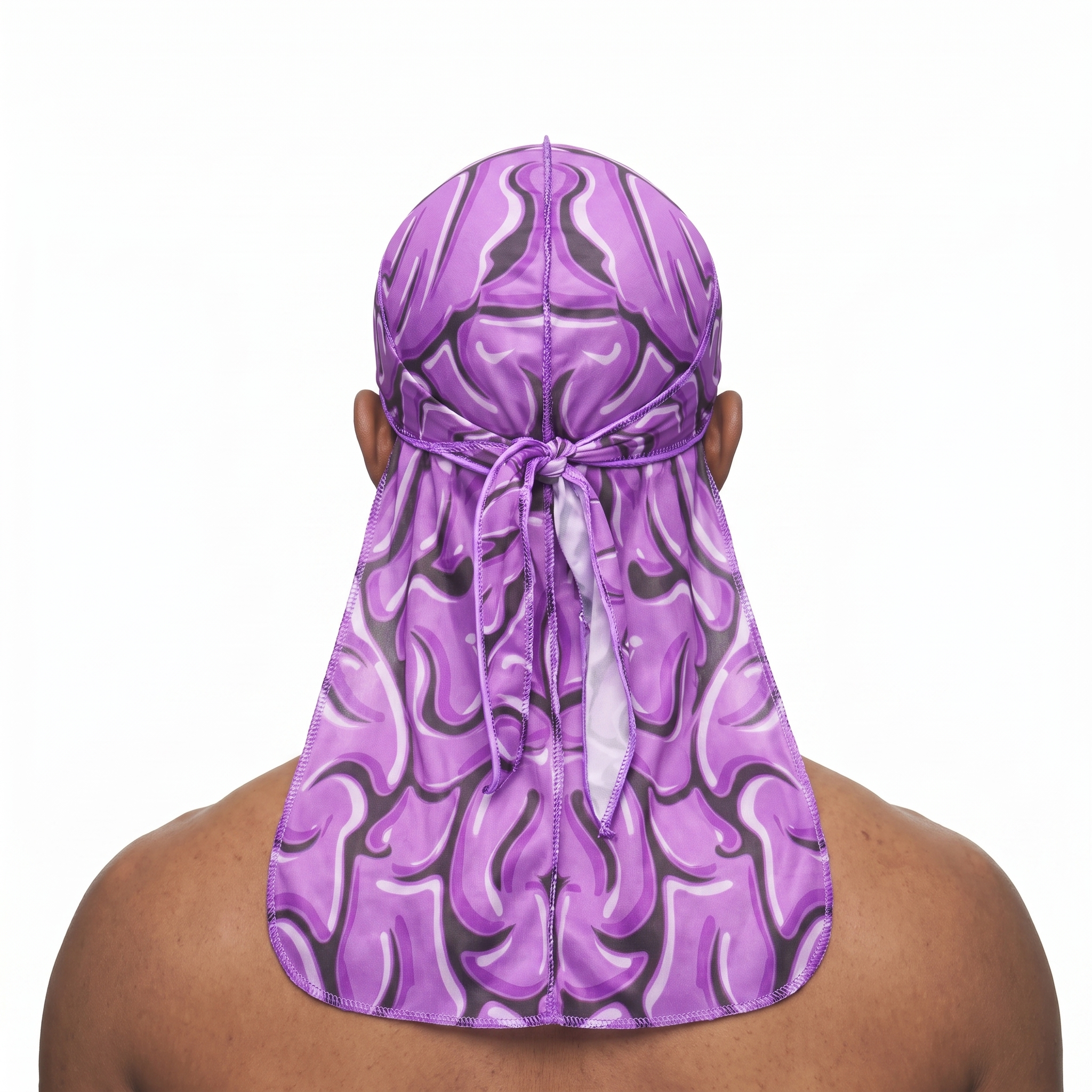 Purple Brains graphic Satin Silky Durag worn by male model, back view showing tied wrap and tail