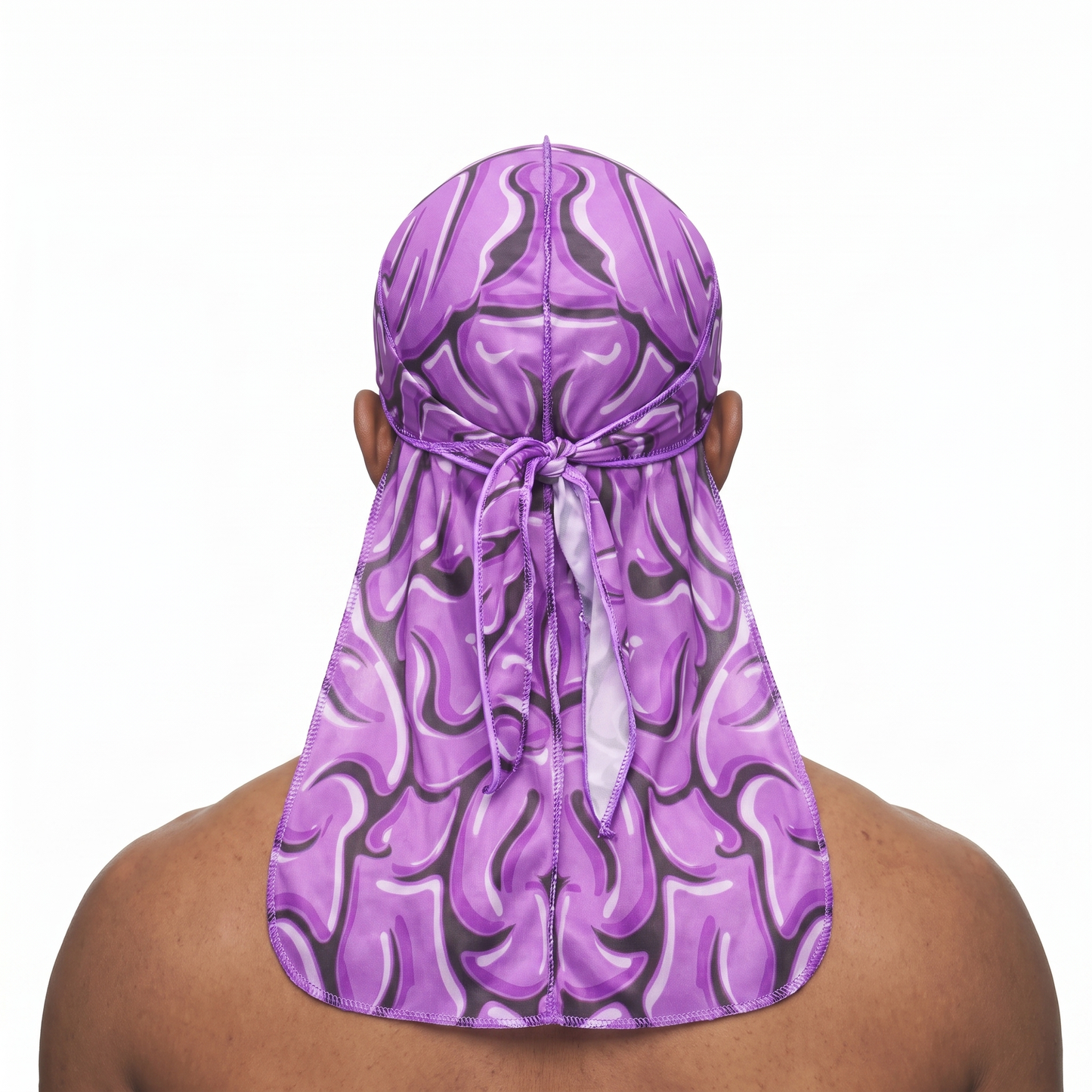 Purple Brains graphic Satin Silky Durag worn by male model, back view showing tied wrap and tail