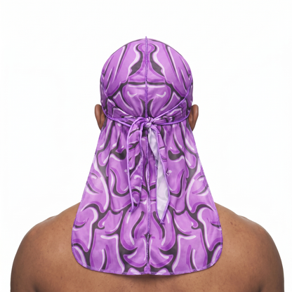 Purple Brains graphic Satin Silky Durag worn by male model, back view showing tied wrap and tail