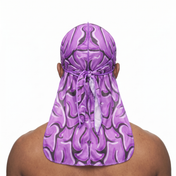 Purple Brains graphic Satin Silky Durag worn by male model, back view showing tied wrap and tail