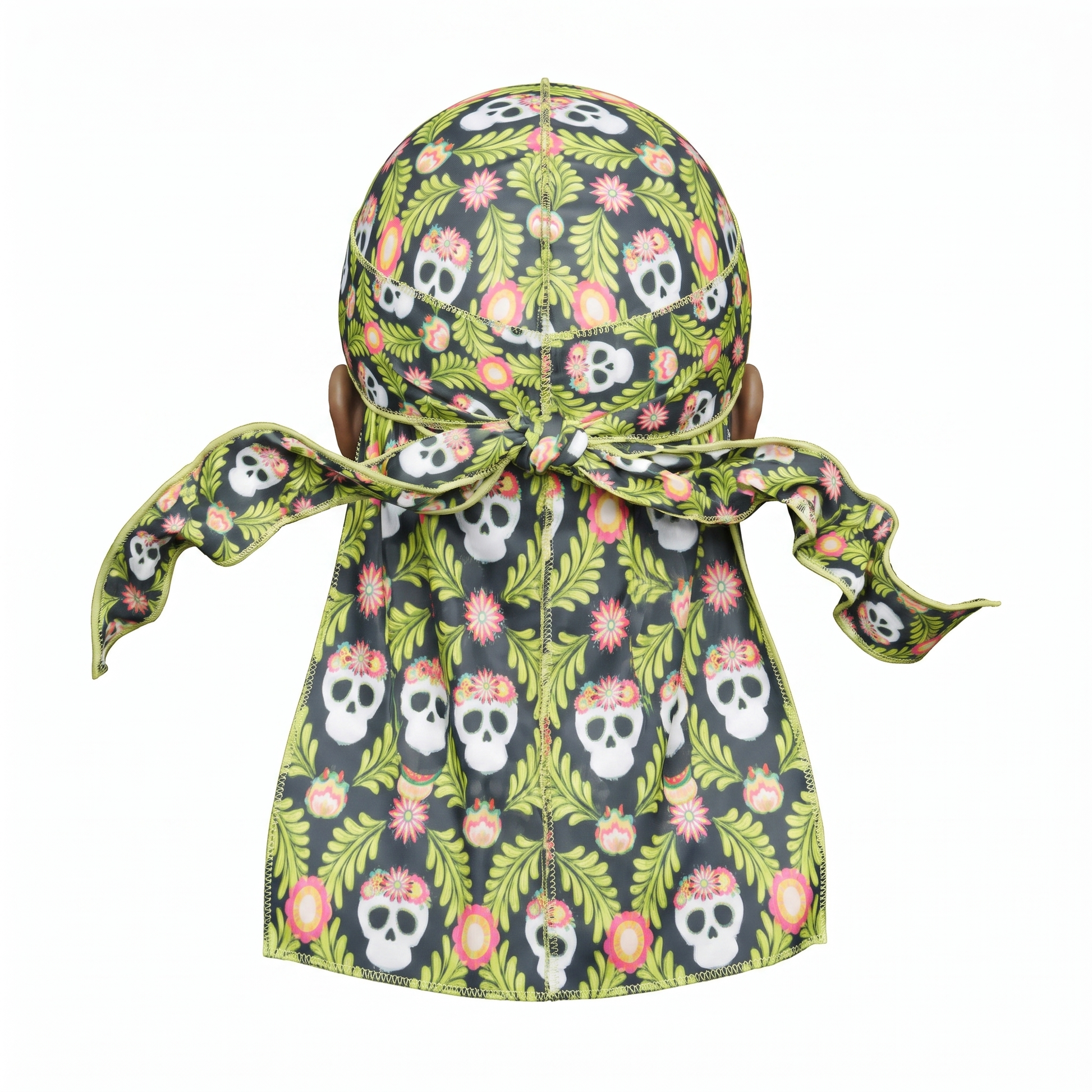 Cinco De Mayo Green festive Satin Silky Durag - premium silky durag back view showing wrap straps, tail and stitching