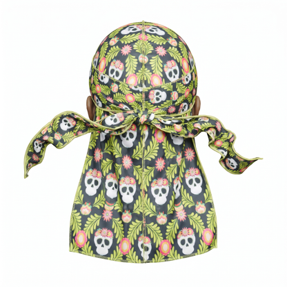 Cinco De Mayo Green festive Satin Silky Durag - premium silky durag back view showing wrap straps, tail and stitching