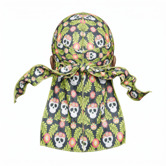 Cinco De Mayo Green festive Satin Silky Durag - premium silky durag back view showing wrap straps, tail and stitching