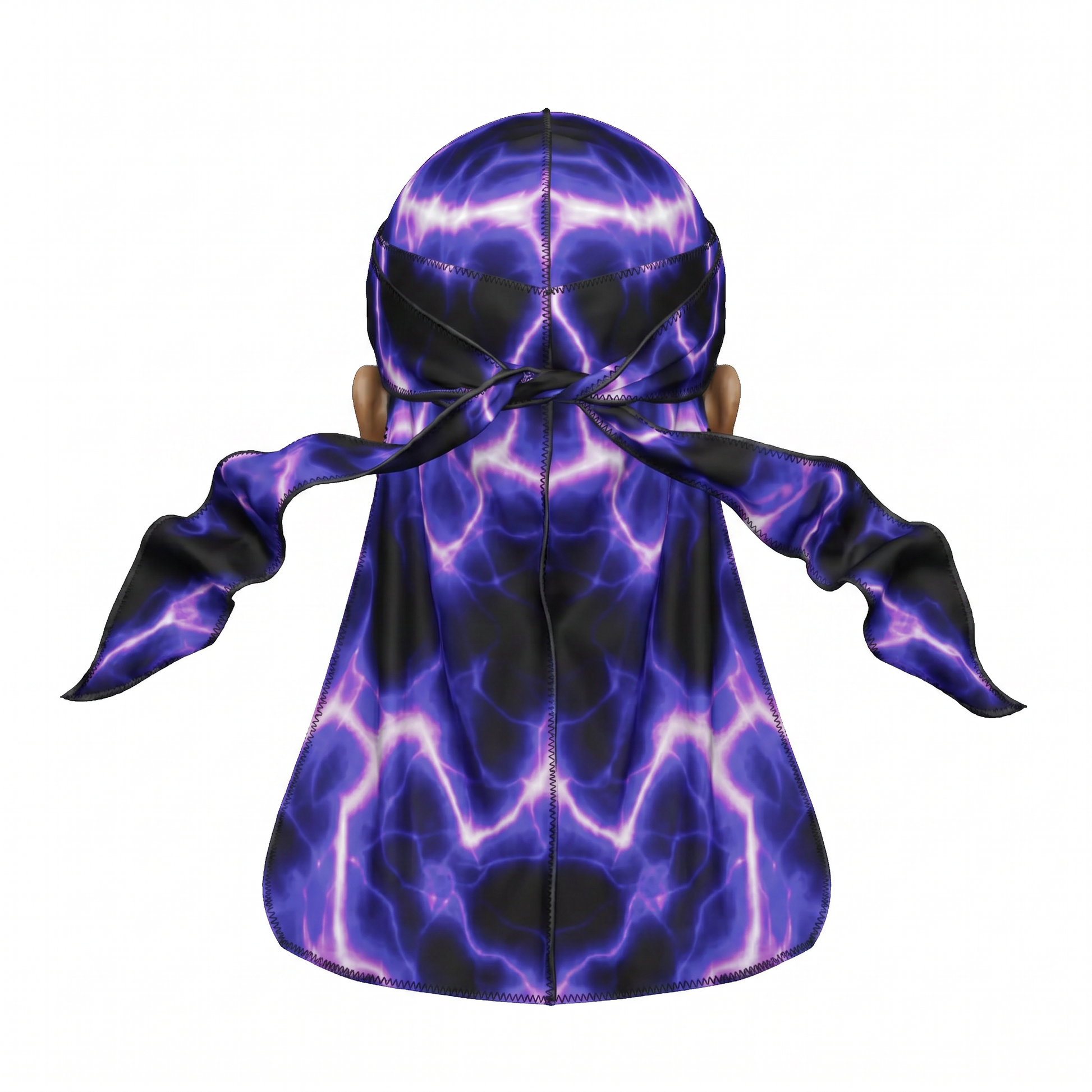 Voltage Purple lightning Satin Silky Durag - premium silky durag back view showing wrap straps, tail and stitching