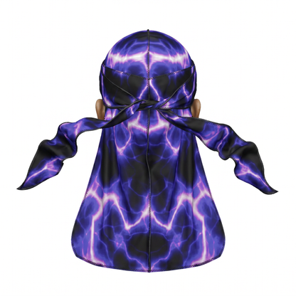 Voltage Purple lightning Satin Silky Durag - premium silky durag back view showing wrap straps, tail and stitching