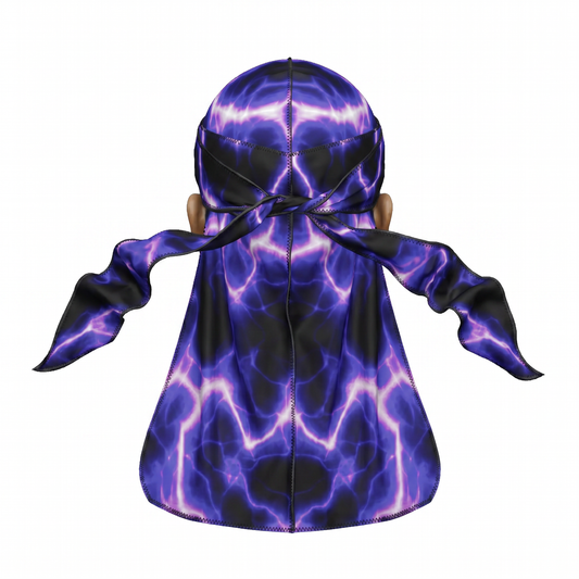 Voltage Purple lightning Satin Silky Durag - premium silky durag back view showing wrap straps, tail and stitching