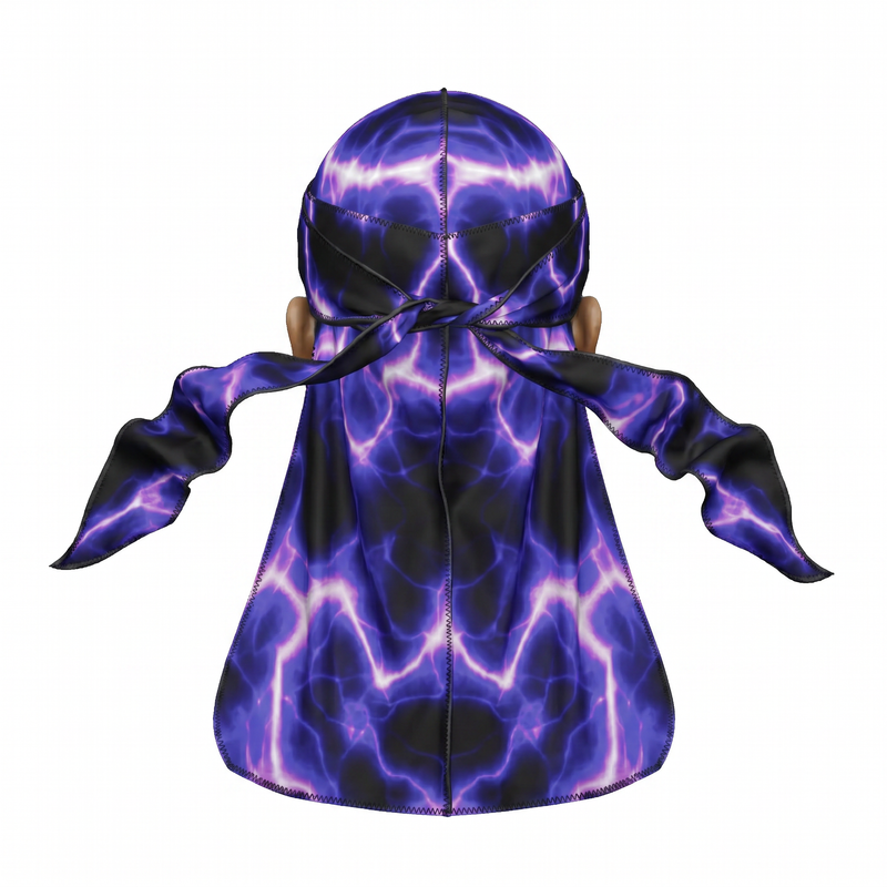 Voltage Purple lightning Satin Silky Durag - premium silky durag back view showing wrap straps, tail and stitching
