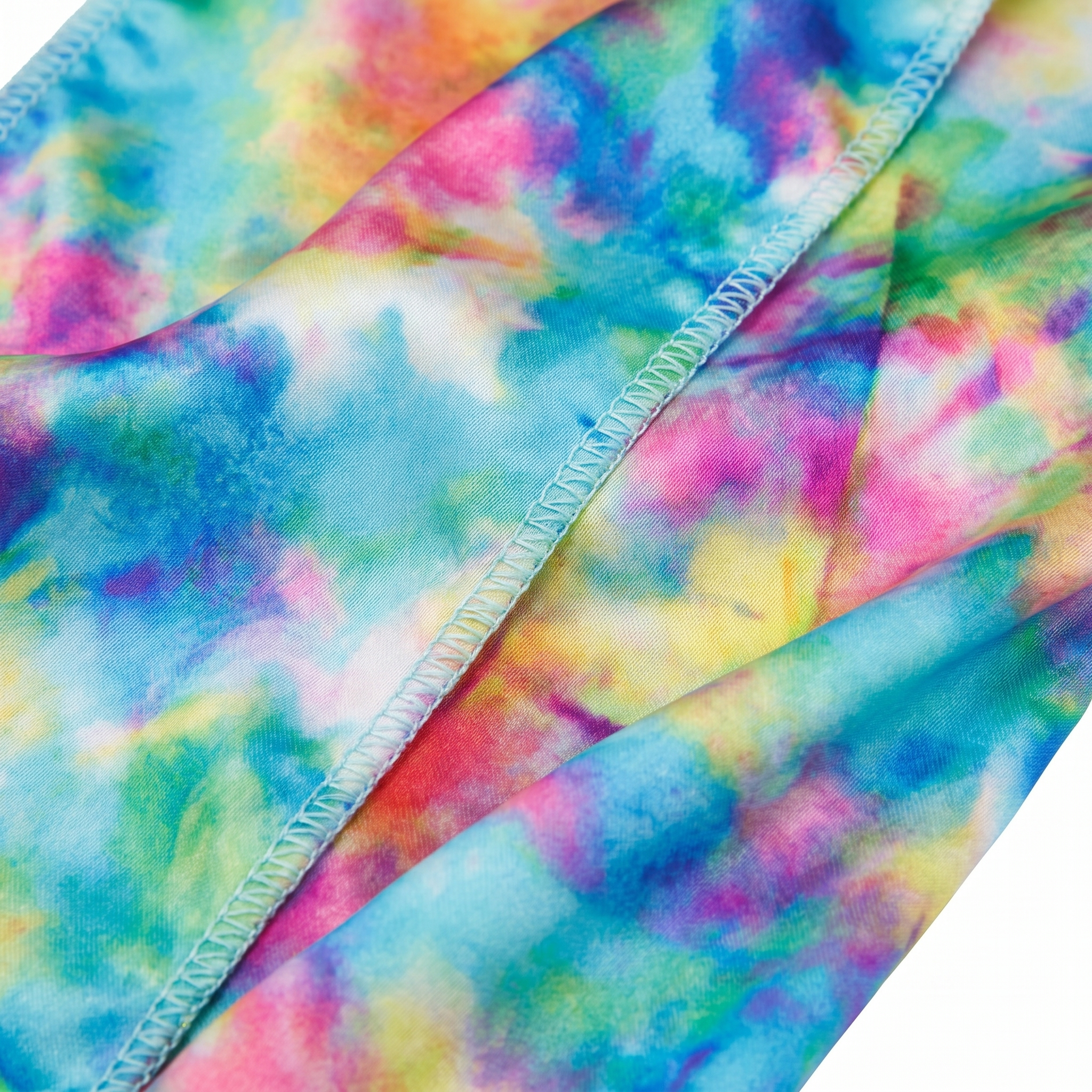 Color Bomb multicolor Tye Dye Satin Silky Durag fabric close-up showing Color Bomb multicolor Tye Dye print and stitching detail