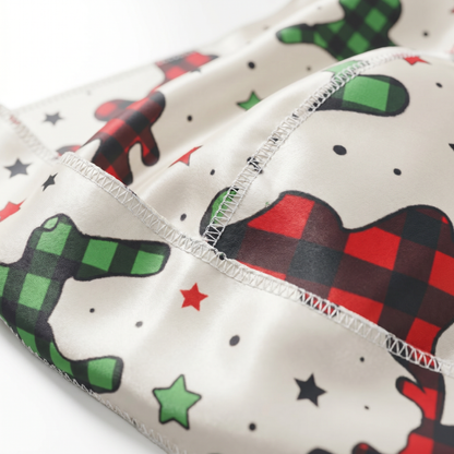 Christmas Time Cream holiday Satin Silky Durag fabric close-up showing Christmas Time Cream holiday print and stitching detail