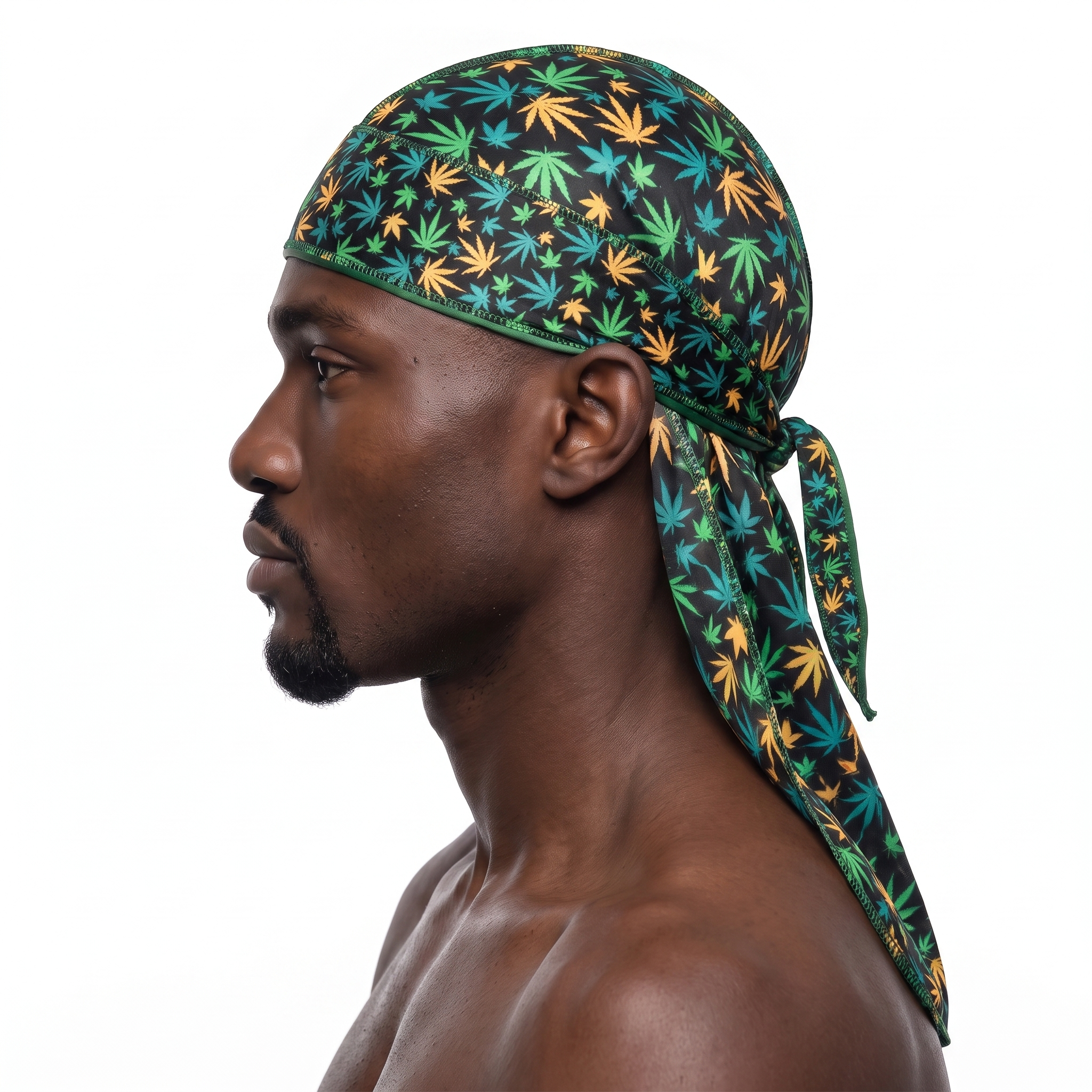 Cannabis Orange Green leaf print Satin Silky Durag worn by male model, side profile showing fit and tail drape
