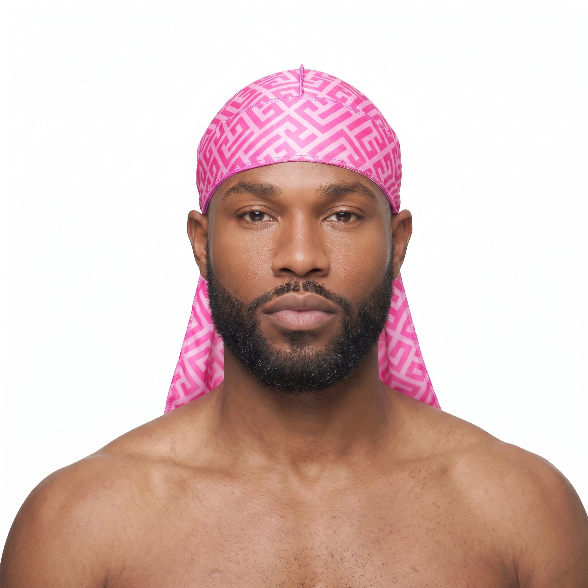 Pink Maze geometric Satin Silky Durag worn by male model, front view on white background