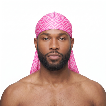 Pink Maze geometric Satin Silky Durag worn by male model, front view on white background