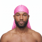Pink Maze geometric Satin Silky Durag worn by male model, front view on white background
