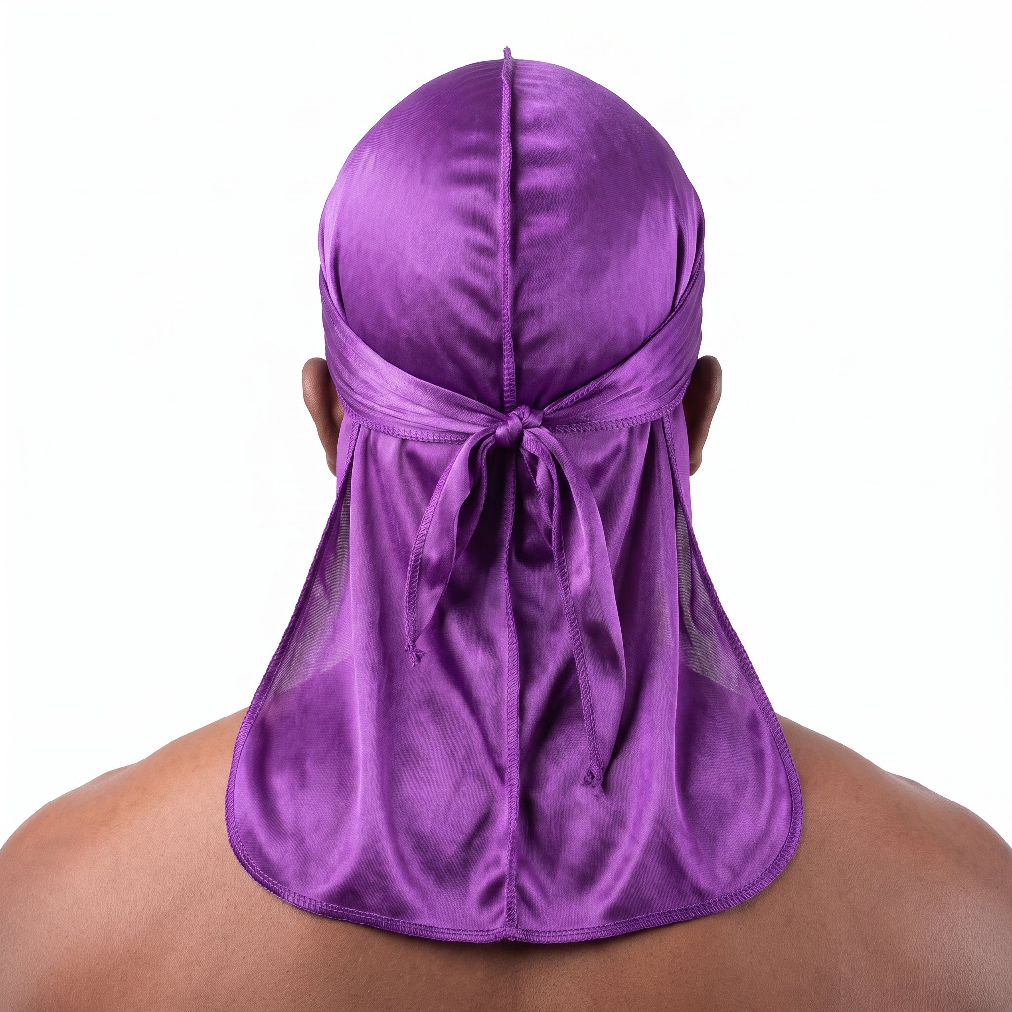Premium Purple Silk Durag worn by male model, back view showing tied wrap and tail