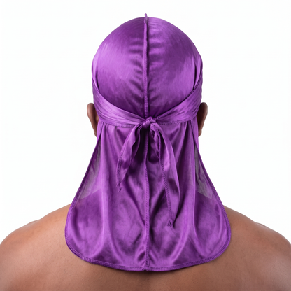 Premium Purple Silk Durag worn by male model, back view showing tied wrap and tail