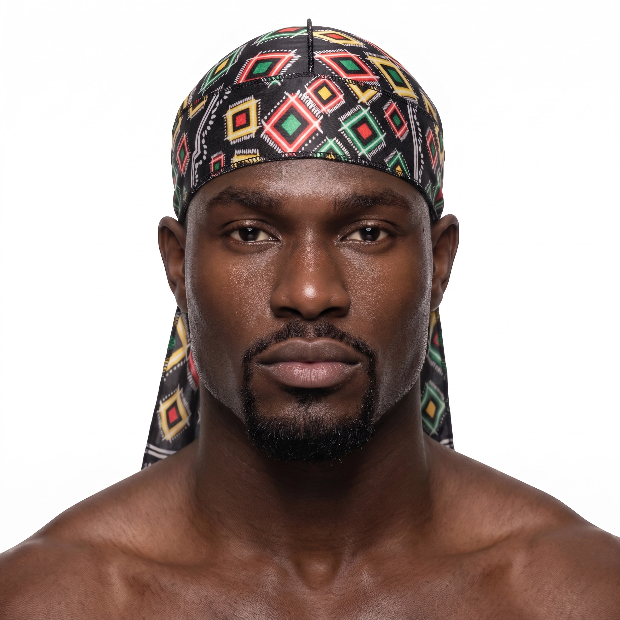 Juneteenth 2.0 red black and green Satin Silky Durag worn by male model, front view on white background