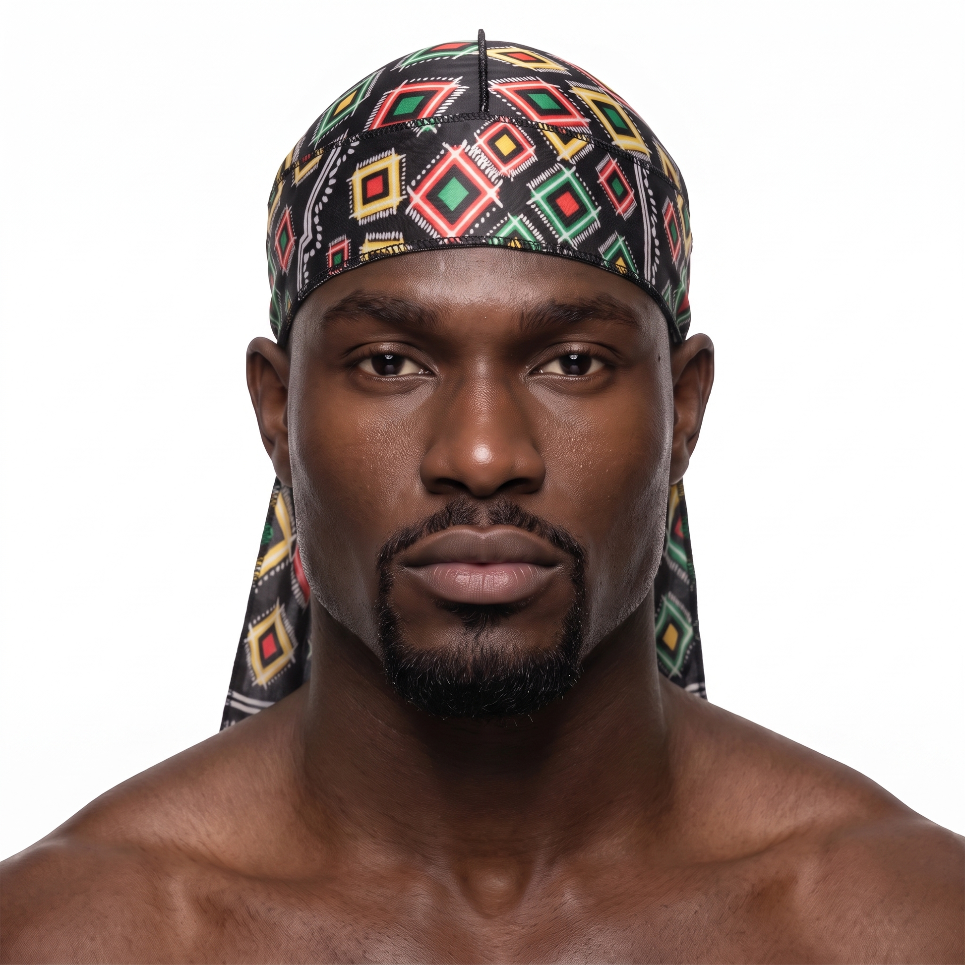 Juneteenth 2.0 red black and green Satin Silky Durag worn by male model, front view on white background