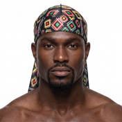 Juneteenth 2.0 red black and green Satin Silky Durag worn by male model, front view on white background