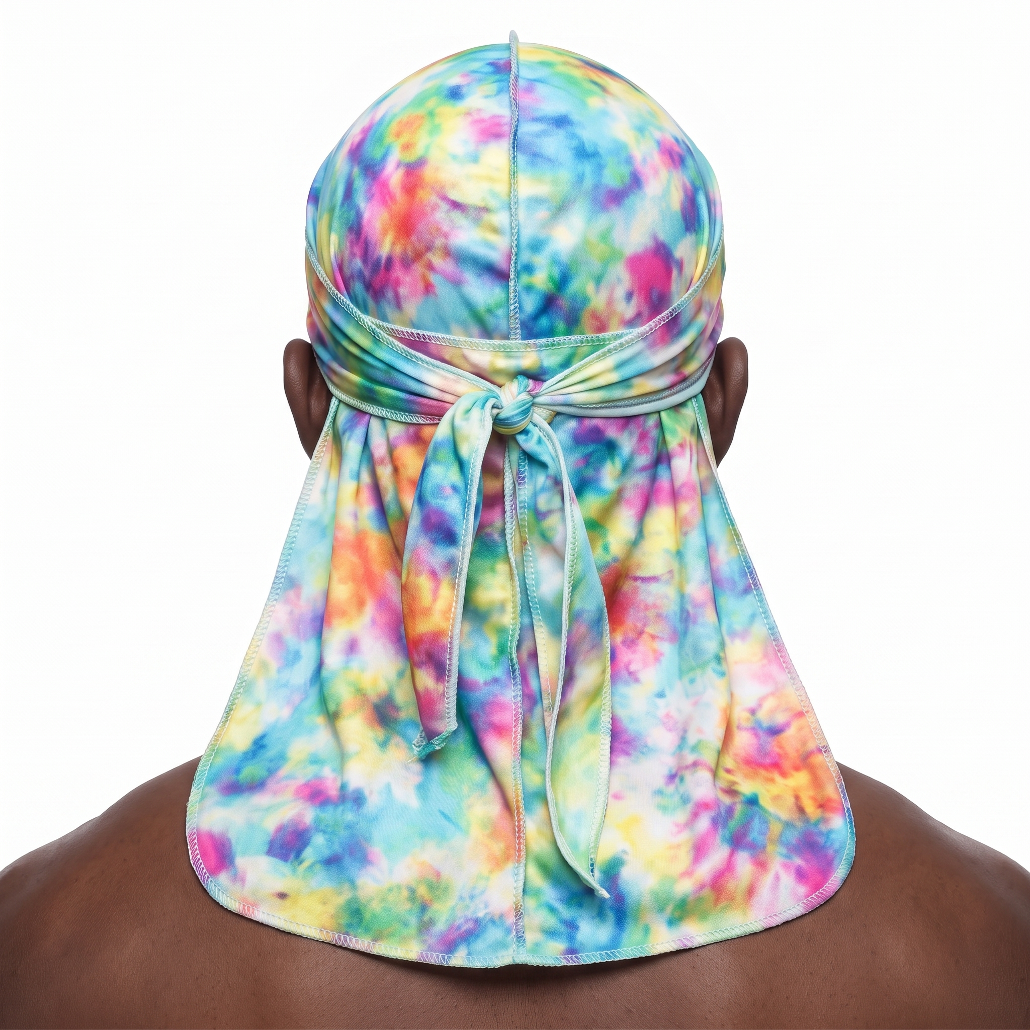 Color Bomb multicolor Tye Dye Satin Silky Durag worn by male model, back view showing tied wrap and tail